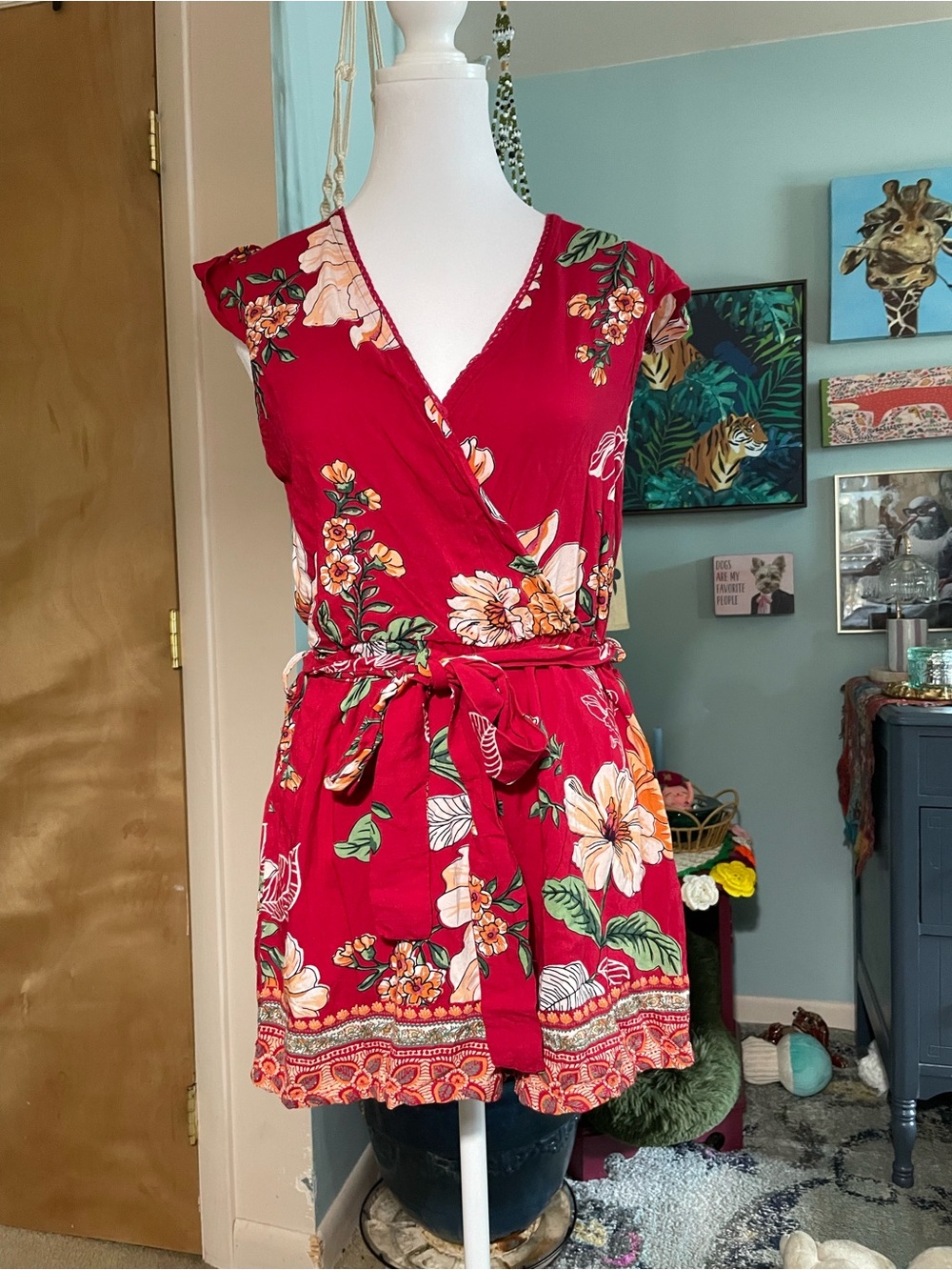 Angie Red Floral Patterned Top with Black Label